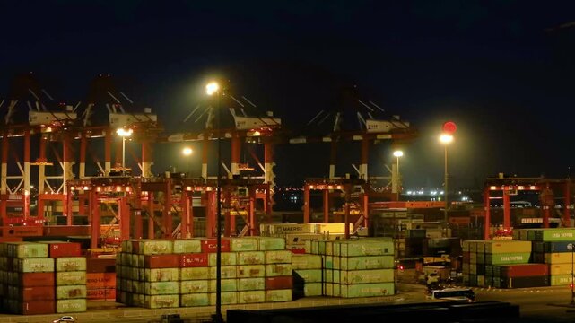Aerial view of the night scene at the freight terminal of Tianjin Port