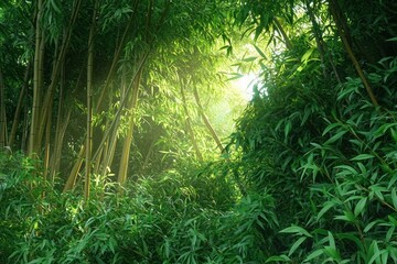Obraz premium Lush green bamboo forest with sunlight streaming through dense foliage creating a serene and peaceful atmosphere