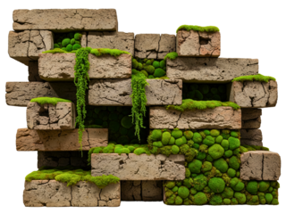 Abstract architectural feature with stone blocks and preserved moss on a transparent background