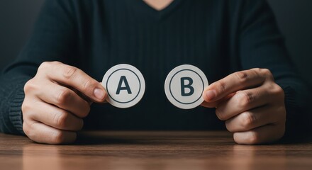 Navigating the Crossroads: A person's hands delicately present two distinct options, labeled A and B, symbolizing the pivotal decisions that shape a path forward. 