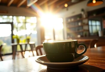 Fototapeta premium Sunlight streams into a cafe, illuminating a matcha latte and a cup of green coffee, latte, steam