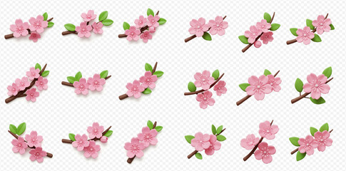 Collection of stylized cherry blossom branches with pink flowers and green leaves on a transparent background.
