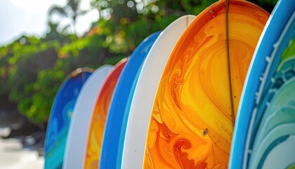 Vibrant Surfboards Leaning Against Tropical Background