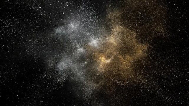 Abstract cosmic dust cloud of silver and gold particles, slowly drifting and merging in a seamless loop vibrant, universe, background