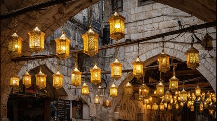 Beautiful Lanterns Hanging in an Ancient Stone Marketplace