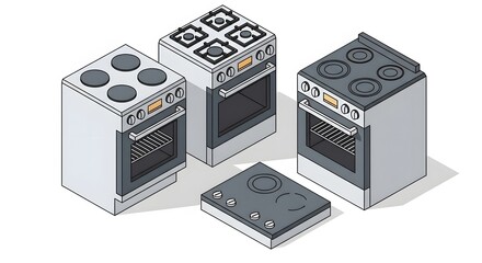 Collection of Four Different Kitchen Stoves and Cooktops in Isometric View.