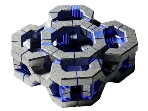 Futuristic science fiction geometric structure with glowing blue lights on a transparent background