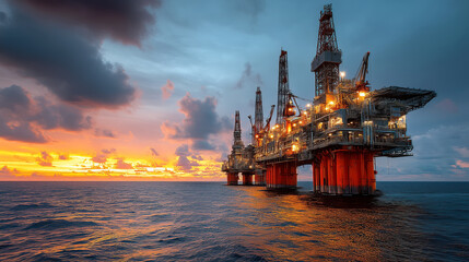 Obraz premium Vast Oil Platforms at Sunset Against Dramatic Sky Over the Open Ocean Water Landscape