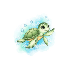 Fototapeta premium A cute turtle swimming in the sea, watercolor style, cartoon art, white background