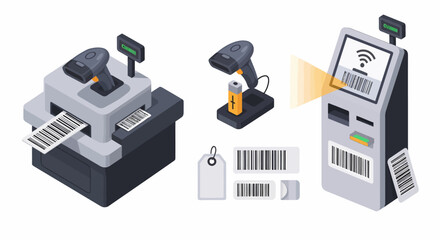 Isometric Illustrations of Barcode Scanners and Kiosks.
