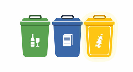 Three Colorful Recycling Bins for Glass Paper and Plastic Waste Sorting.