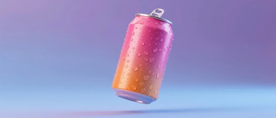 A colorful soda can with condensation droplets floating against a gradient background