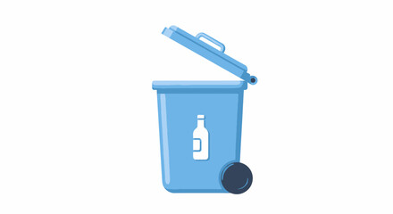 Blue wheeled recycling bin with an open lid and glass bottle symbol.