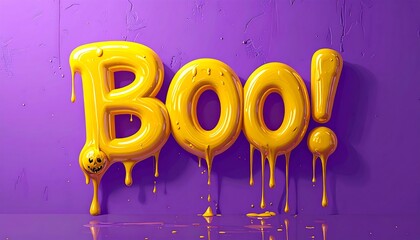 Bold, dripping yellow letters spelling out "Boo!" against a vibrant purple background.