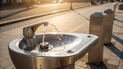 Fototapeta premium Stainless steel drinking fountain with water splashes by a sunlit street. Ideal for websites, brochures, or articles about hydration and public amenities.