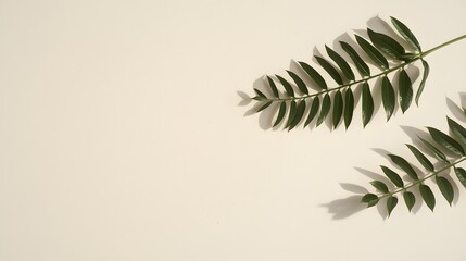 Naklejka premium Minimalistic botanical branch with fresh green leaves on neutral beige background, natural plant composition for organic design, wellness, eco concept and aesthetic decoration
