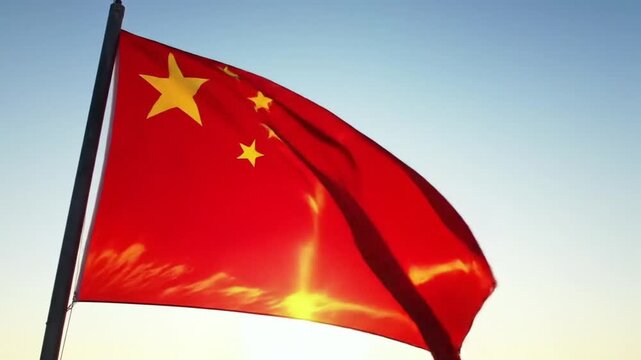 Majestic Chinese Flag Waving in the Sky.