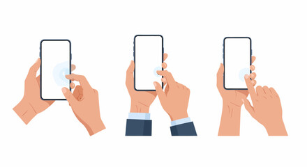 Set of illustrated hands holding a smartphone and interacting with the blank touchscreen.