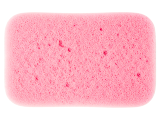 Rectangular pink bath sponge with a porous bubble texture on a transparent background