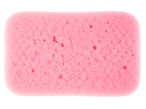 Rectangular pink bath sponge with a porous bubble texture on a transparent background