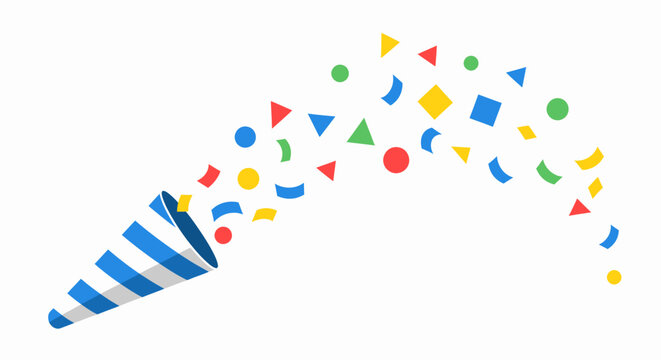 Blue and White Striped Party Popper with Colorful Confetti.
