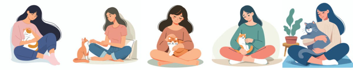 vector of a woman sitting hugging a pet cat