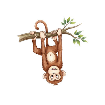 A playful monkey hanging from a tree branch, watercolor cartoon style, white background&nbsp;