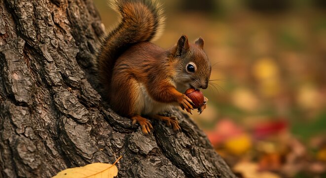 Adorable red squirrel perched on a tree trunk, holding and eating a nut.
