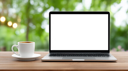 Modern laptop with blank screen beside a cup of coffee in an outdoor green setting