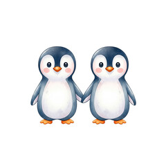 Fototapeta premium A pair of penguins holding hands, watercolor cartoon style, white background&nbsp;
