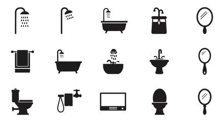 Black and white icons depicting various bathroom fixtures and accessories