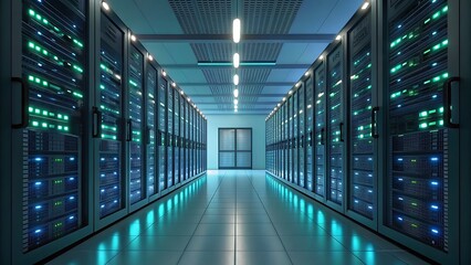 Ideal for technologyrelated designs, websites, and articles. Shows organized rows of computer servers in a server room setting.