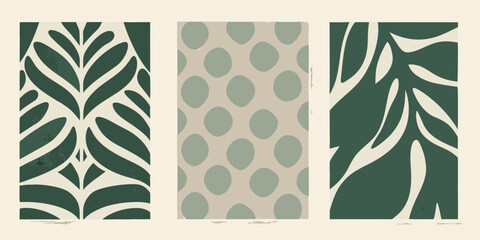 Three abstract vertical panels featuring organic leaf shapes and polka dot patterns in muted green and beige tones