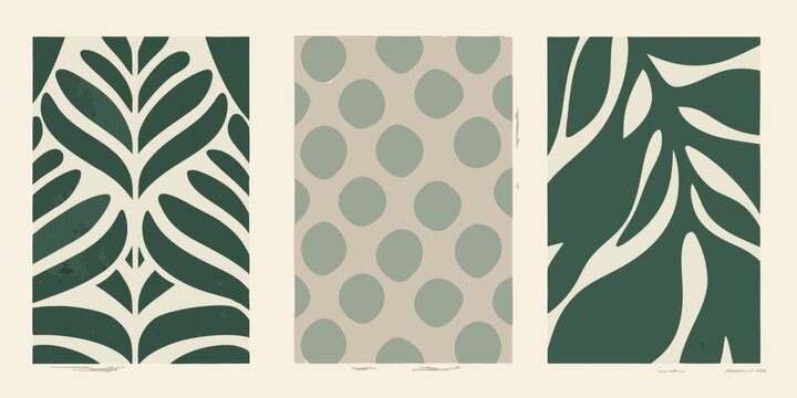 Three abstract vertical panels featuring organic leaf shapes and polka dot patterns in muted green and beige tones