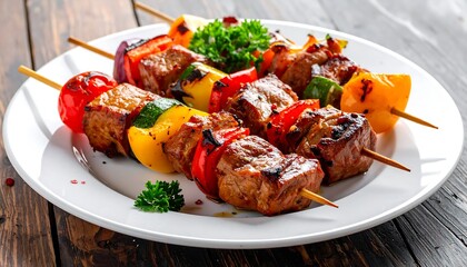 Grilled skewers of colorful vegetables and savory meat on a white plate, garnished with fresh herbs.