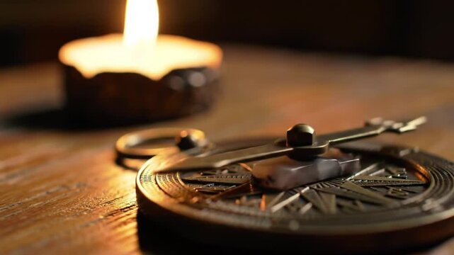 Close-up of an antique brass compass with a lit candle casting a warm glow on a wooden surface, evoking a sense of exploration and discovery.