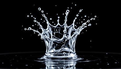 Monochrome Water Splash with Droplets Against Black Background
