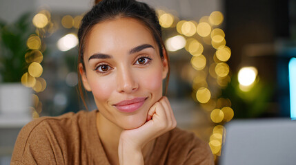 Smiling Woman With a Warm Expression in a Cozy Room Filled With Soft Lights and Greenery During the Evening