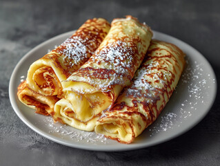 Three rolled French crepes dusted with powdered sugar on white plate, set against dark textured background, evoke sense of classic culinary delight