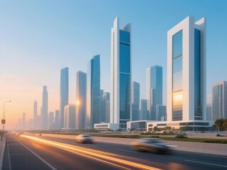 Obraz premium Modern city skyline with tall glass skyscrapers and busy highway at sunset