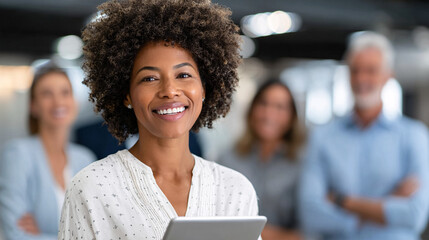 Businesswoman Smiling Confidently While Presenting to Colleagues in a Modern Office Setting