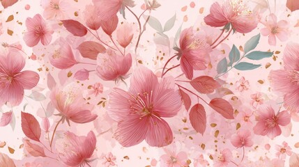 Seamless watercolor pattern of delicate pink cherry blossoms and leaves