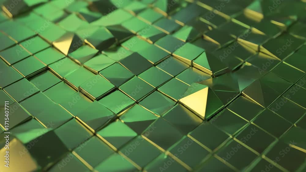 Wall mural continuously evolving geometric pattern of iridescent green and gold polygons, creating an abstract 