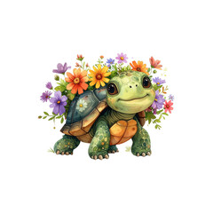 Cute green turtle with flowers vector illustration on a white background