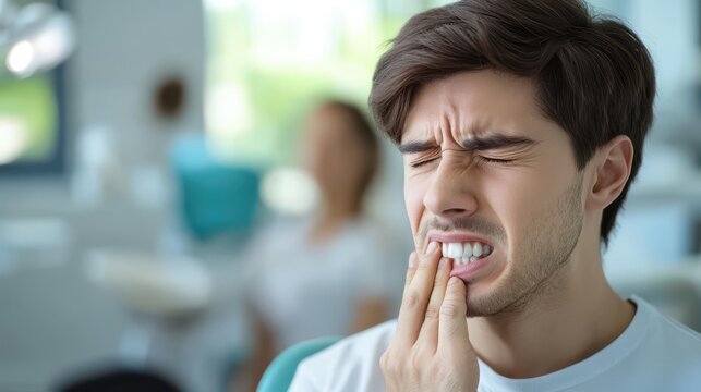 discomfort while holding their cheek, signifying tooth pain, blurred background of a dental office setting