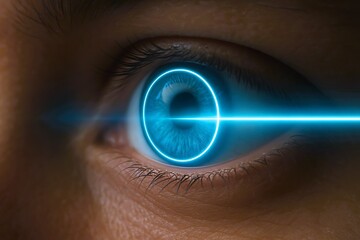 Macro shot of a human eye with a glowing biometric laser scan overlay, representing futuristic vision technology, AI, and advanced medical science.