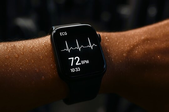 A smartwatch displays real-time ECG and heart rate at 72 BPM on a sweaty wrist, illustrating wearable health monitoring technology in action.