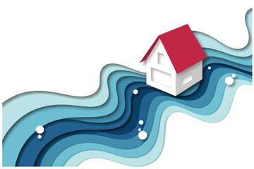 Flooded house illustration with blue water waves and paper cut style design.