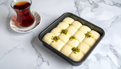 A rectangular baking pan filled with squares of a creamy, light-yellow dessert, topped with pistachios.  A glass of dark tea sits beside the pan on a marble surface.