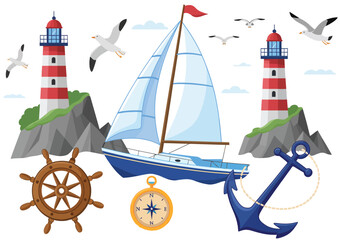 Nautical illustration with sailboat, lighthouses, anchor, and seagulls.